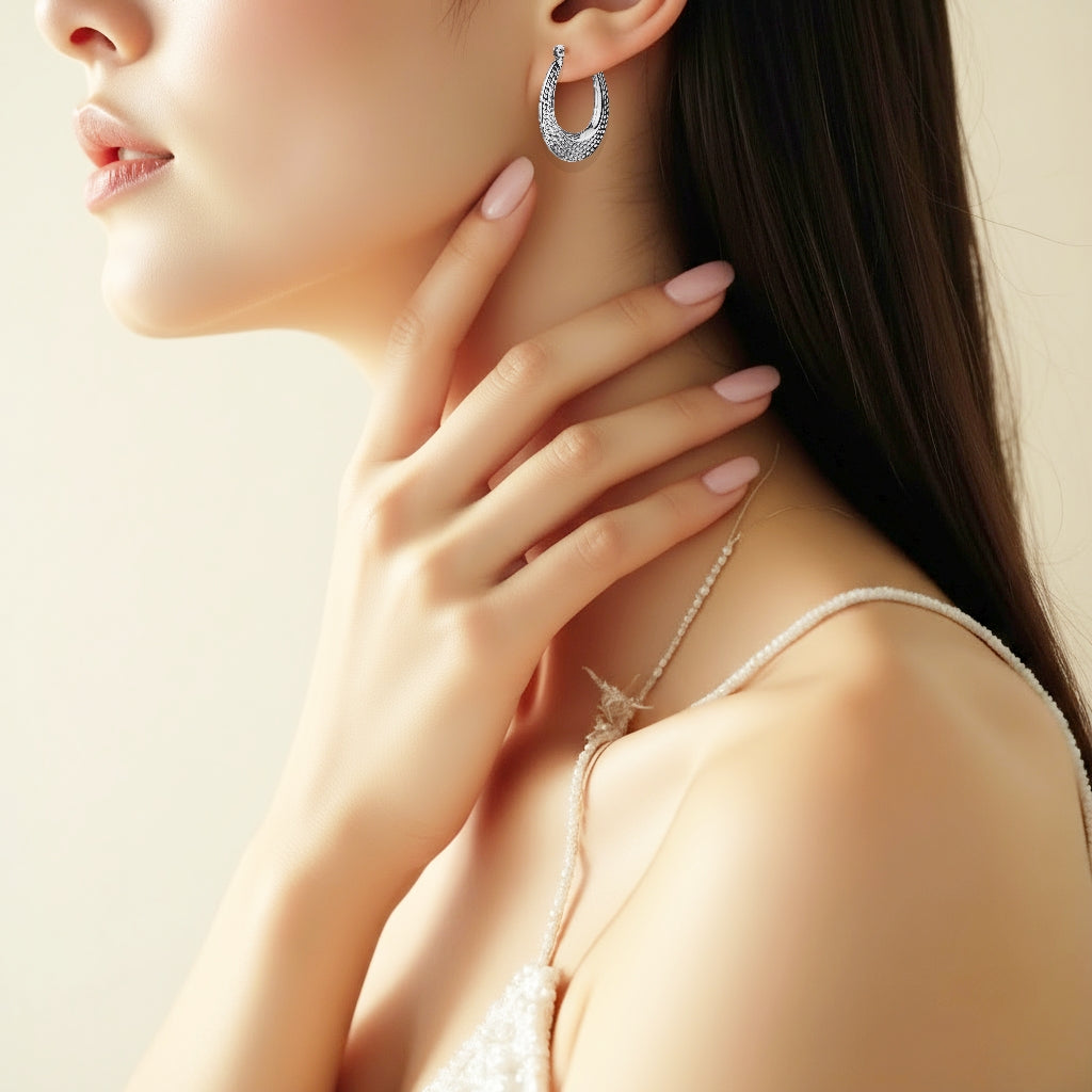 925 STERLING SILVER 25.0 MM. BACK TO BACK NET PATTERN CREOLE HOOP EARRINGS