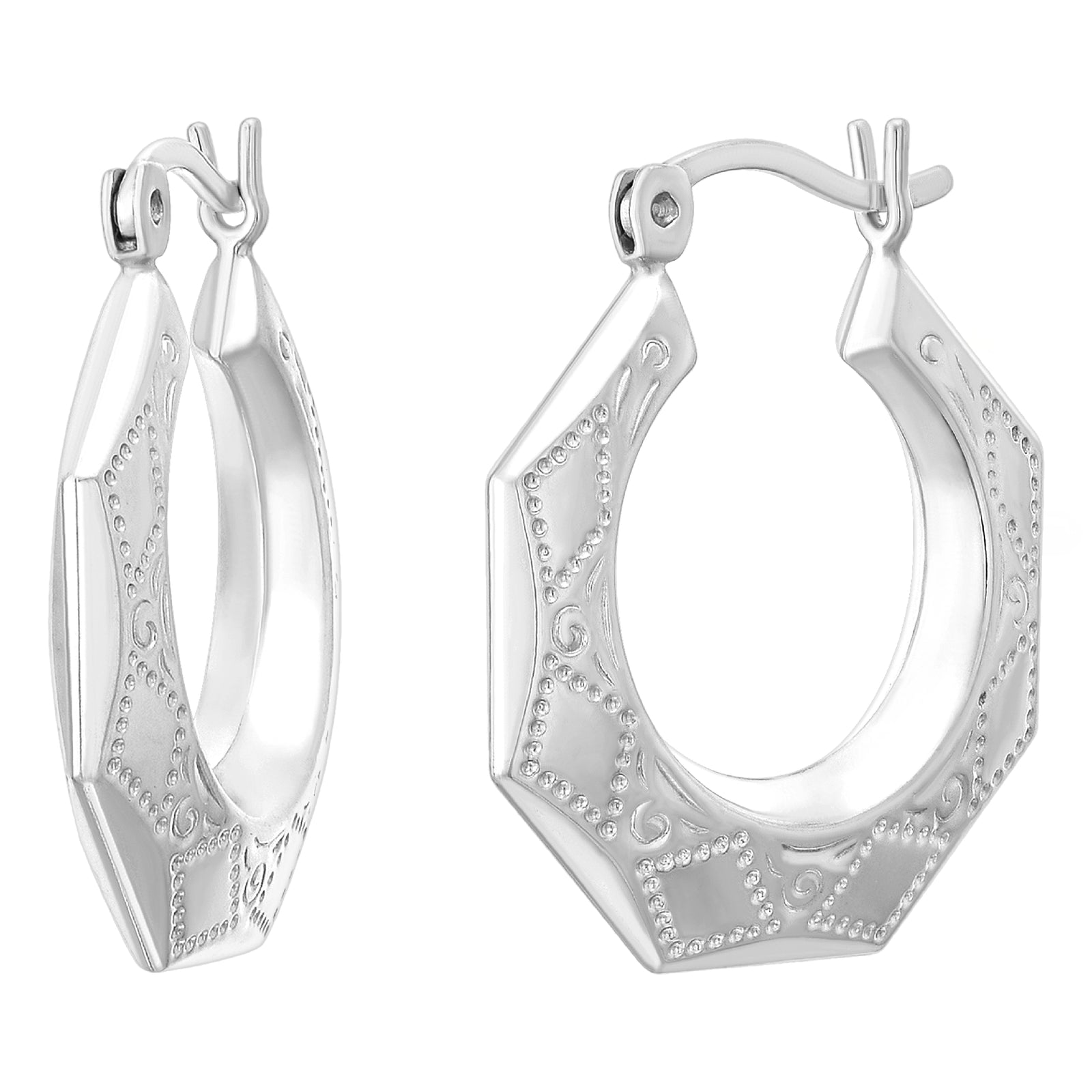 925 STERLING SILVER BACK TO BACK OCTAGON DIAMOND CUT PATTERN HOOP EARRINGS