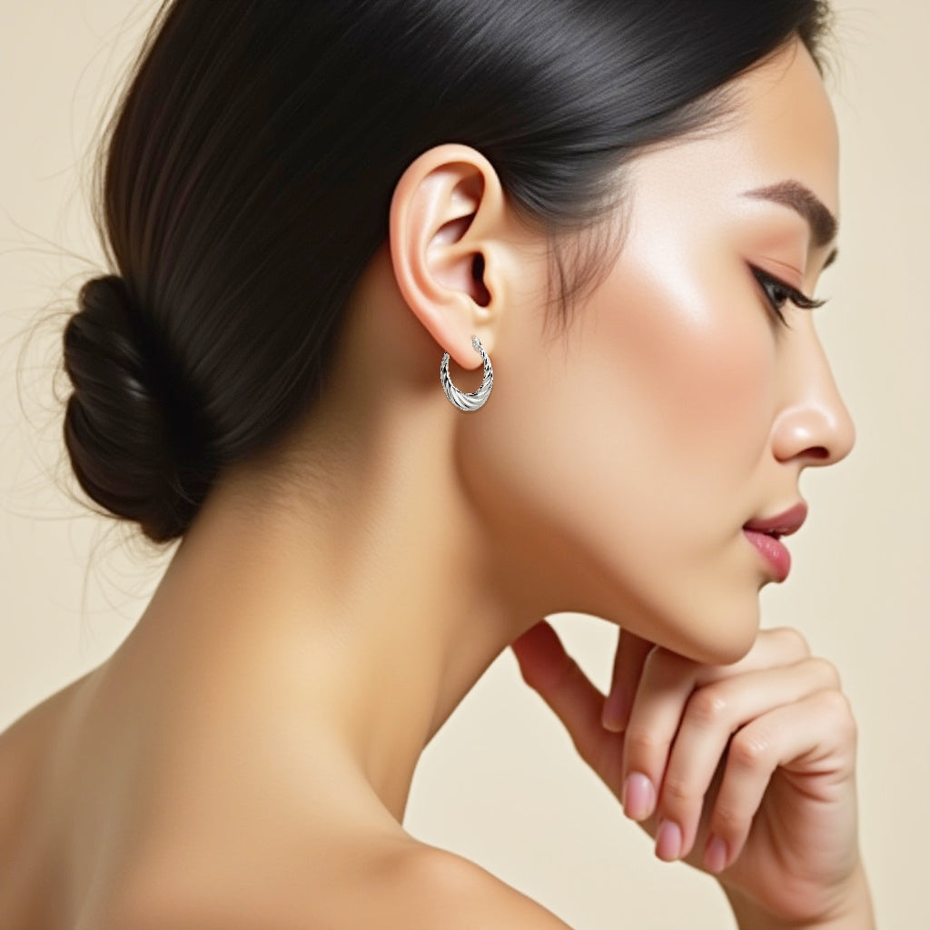 925 STERLING SILVER 20.0 MM. BACK TO BACK FAN PATTERN CREOLE HOOP EARRINGS