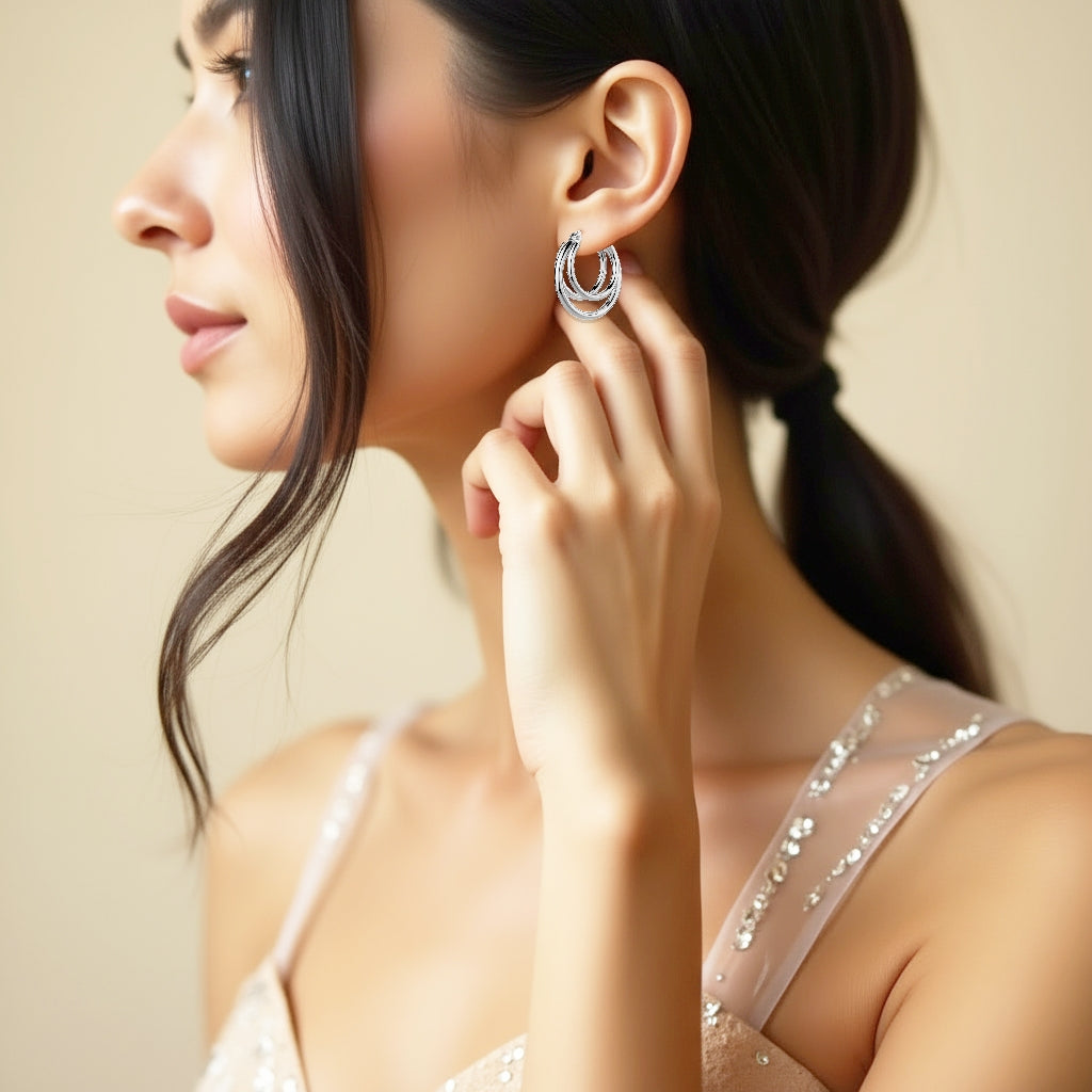 925 STERLING SILVER 20.0 MM. TRIPLE LINES IN LAYER TUBE HOOP EARRINGS