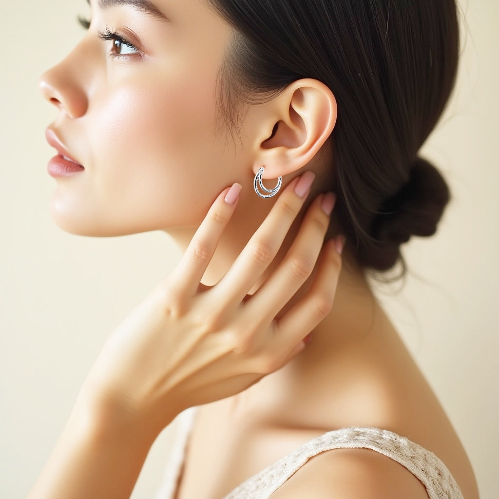 925 STERLING SILVER 15.0 MM. TWO LINES IN LAYER HOOP EARRINGS