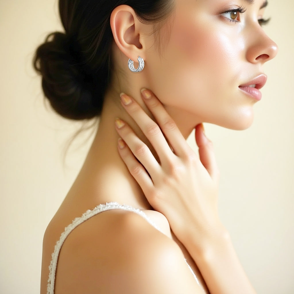 925 STERLING SILVER 25.0 MM. MINIMAL TRIPLE LINE TUBES HOOP EARRINGS