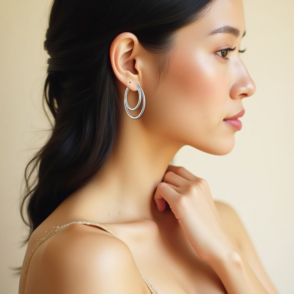 925 STERLING SILVER 40.0 MM. DOULBE OVAL LINES HOOP EARRINGS