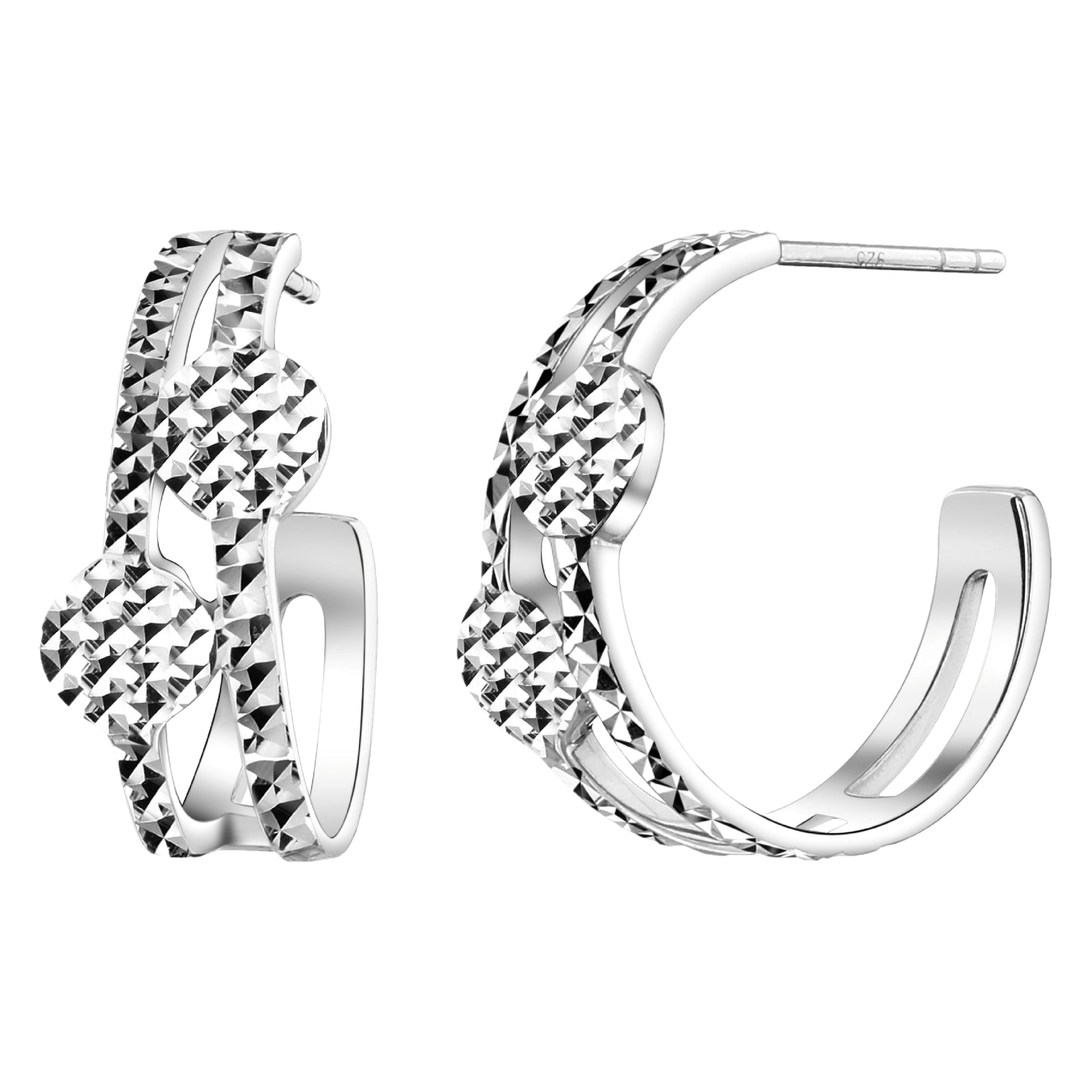 925 STERLING SILVER FANCY HOOP EARRINGS WITH DIAMOND CUT
