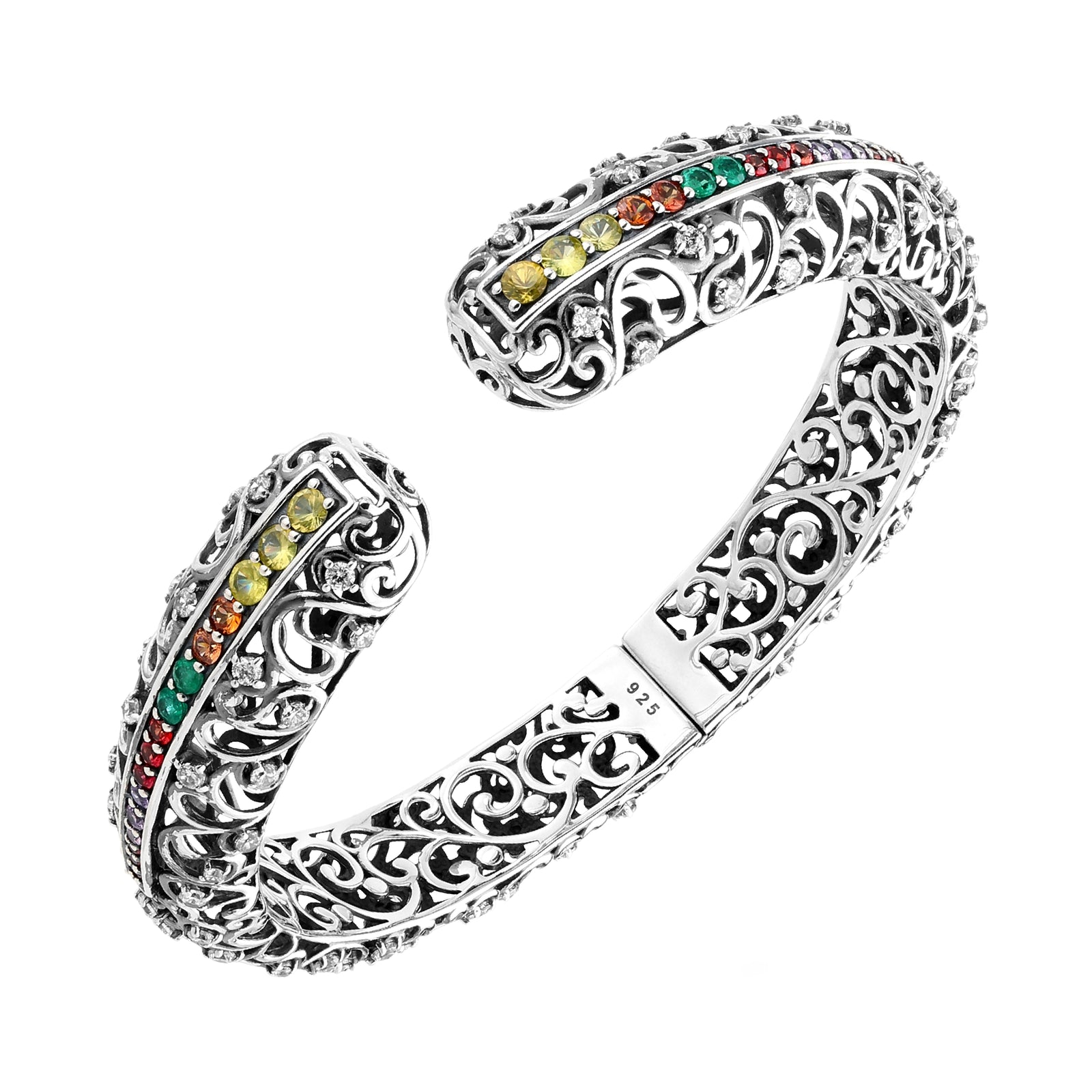 925 STERLING SILVER BALI HINGE CUFF WITH MULTI-COLOUR SAPPHIRE