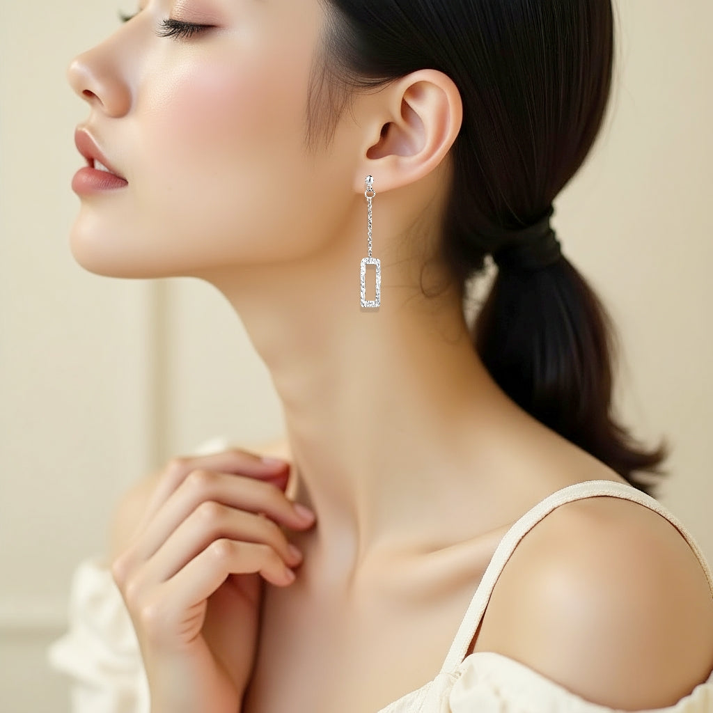 925 STERLING SILVER GEOMETRIC DANGLE CHAIN EARRINGS