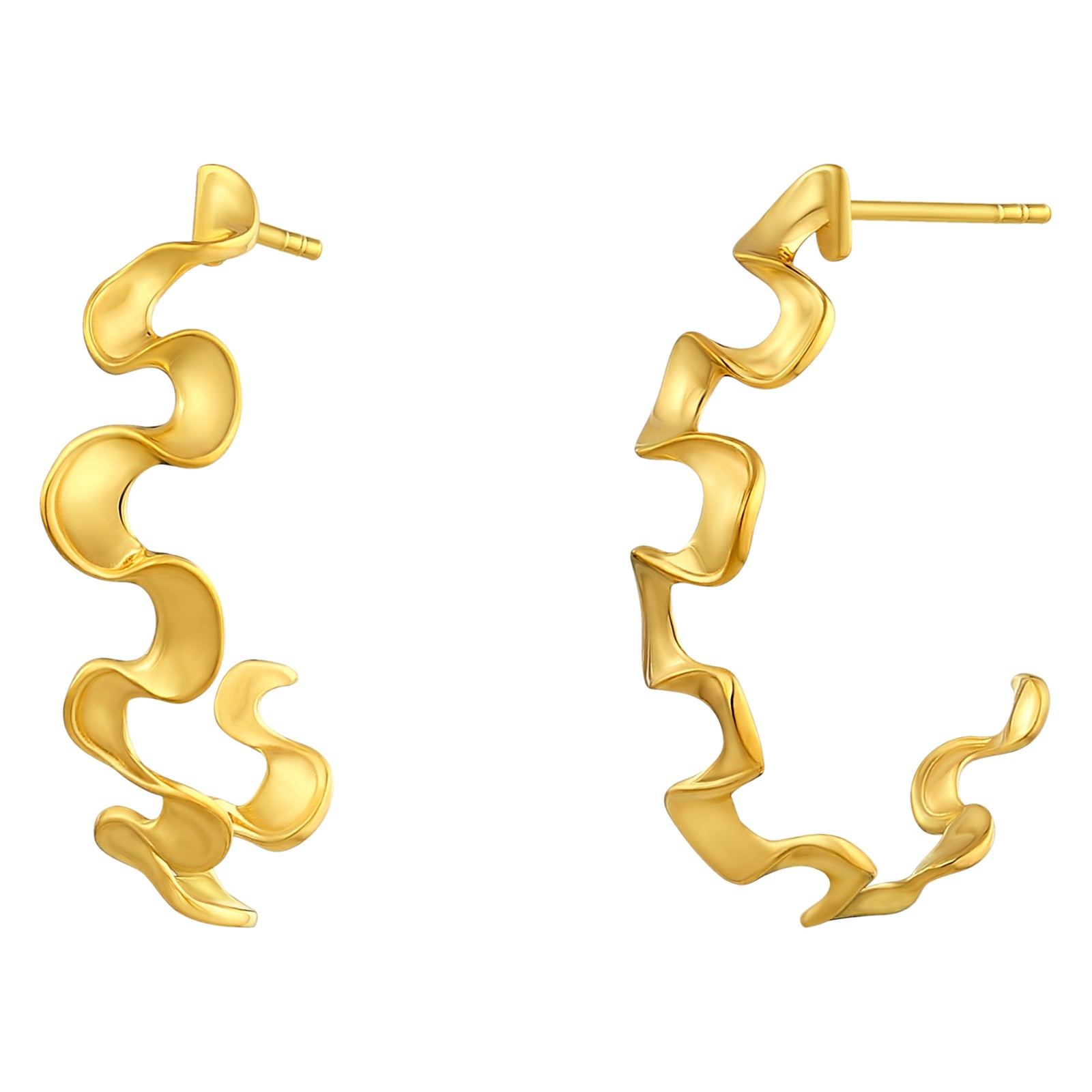 925 STERLING SILVER WITH 14K GOLD PLATED CURLY WAVY HOOP EARRINGS