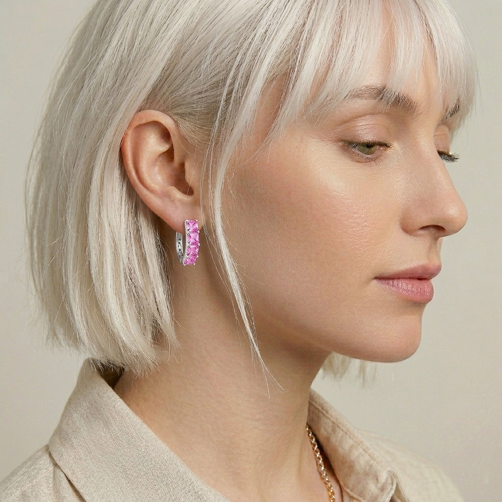 925 STERLING SILVER EARRINGS WITH CUBIC ZIRCONIA PINK SQUARE SHAPE