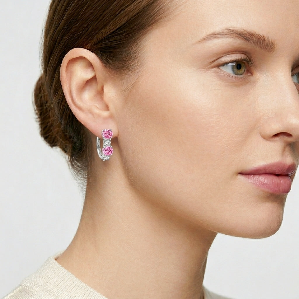 925 STERLING SILVER EARRINGS WITH CUBIC ZIRCONIA PINK ROUND SHAPE