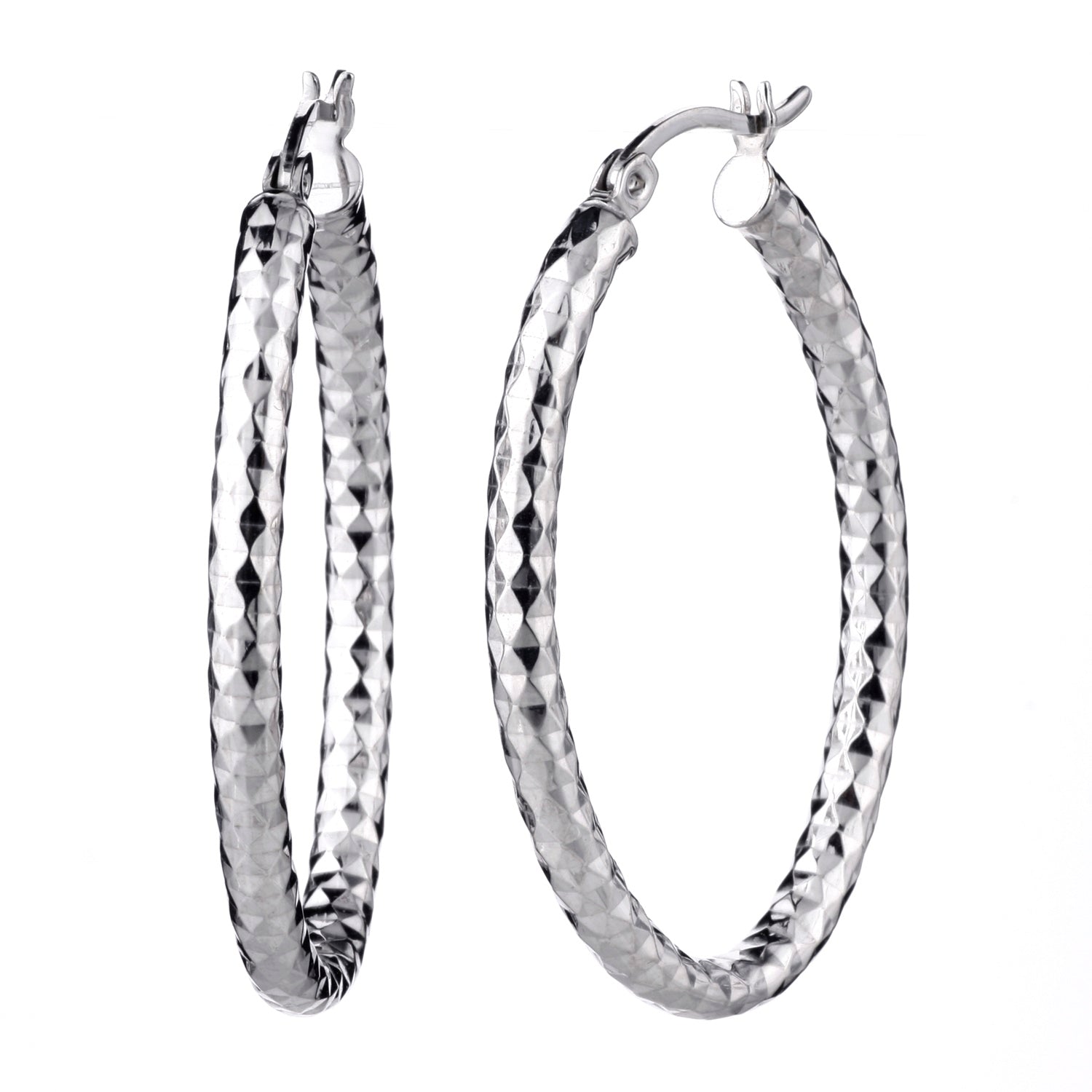 925 STERLING SILVER 35.0 MM. DIAMOND CUT TUBE OVAL SHAPE HOOP EARRINGS F15212
