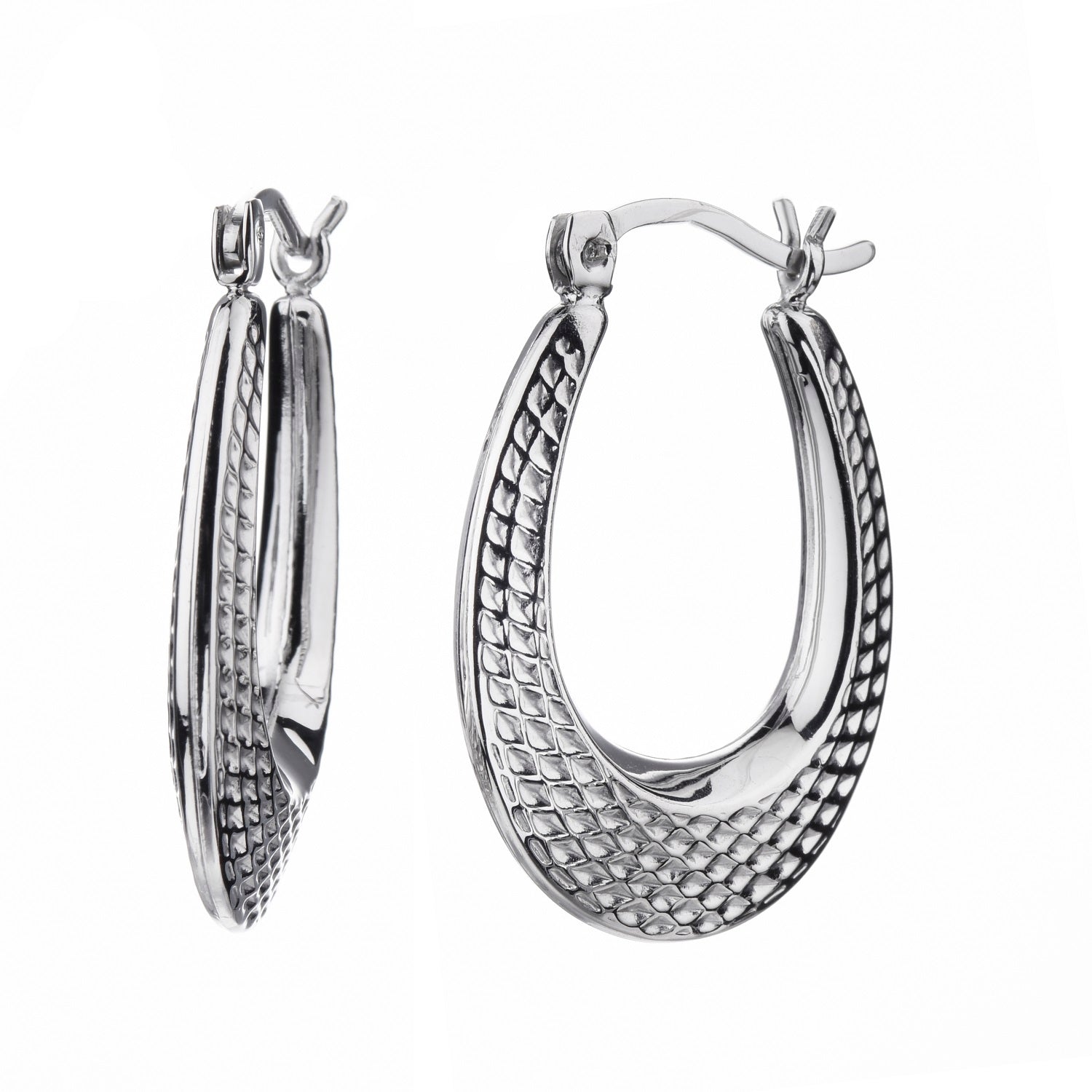 925 STERLING SILVER 25.0 MM. BACK TO BACK NET PATTERN CREOLE HOOP EARRINGS F18958