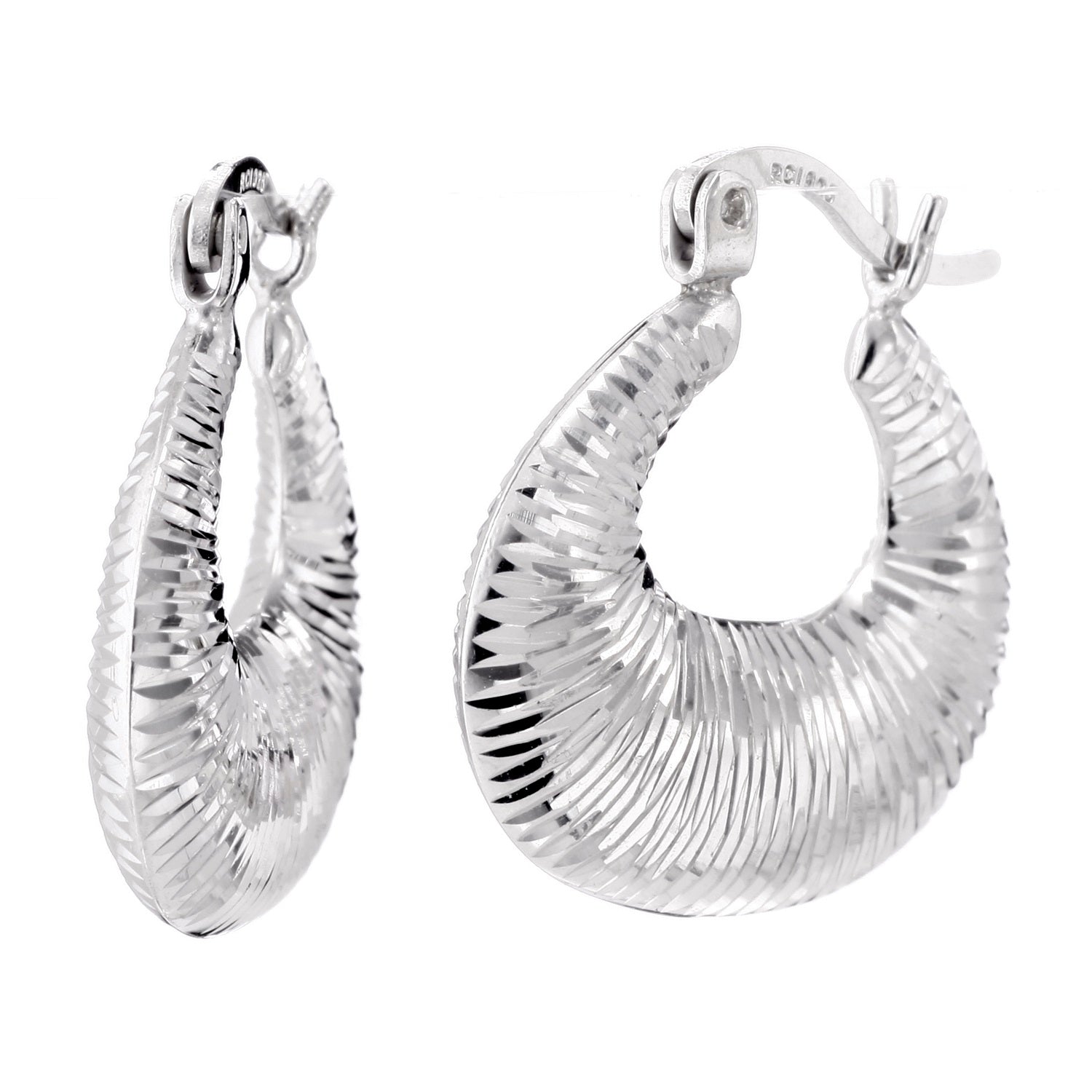 925 STERLING SILVER BACK TO BACK DIAMOND CUT CROISSANT PATTERN HOOP EARRINGS F28573