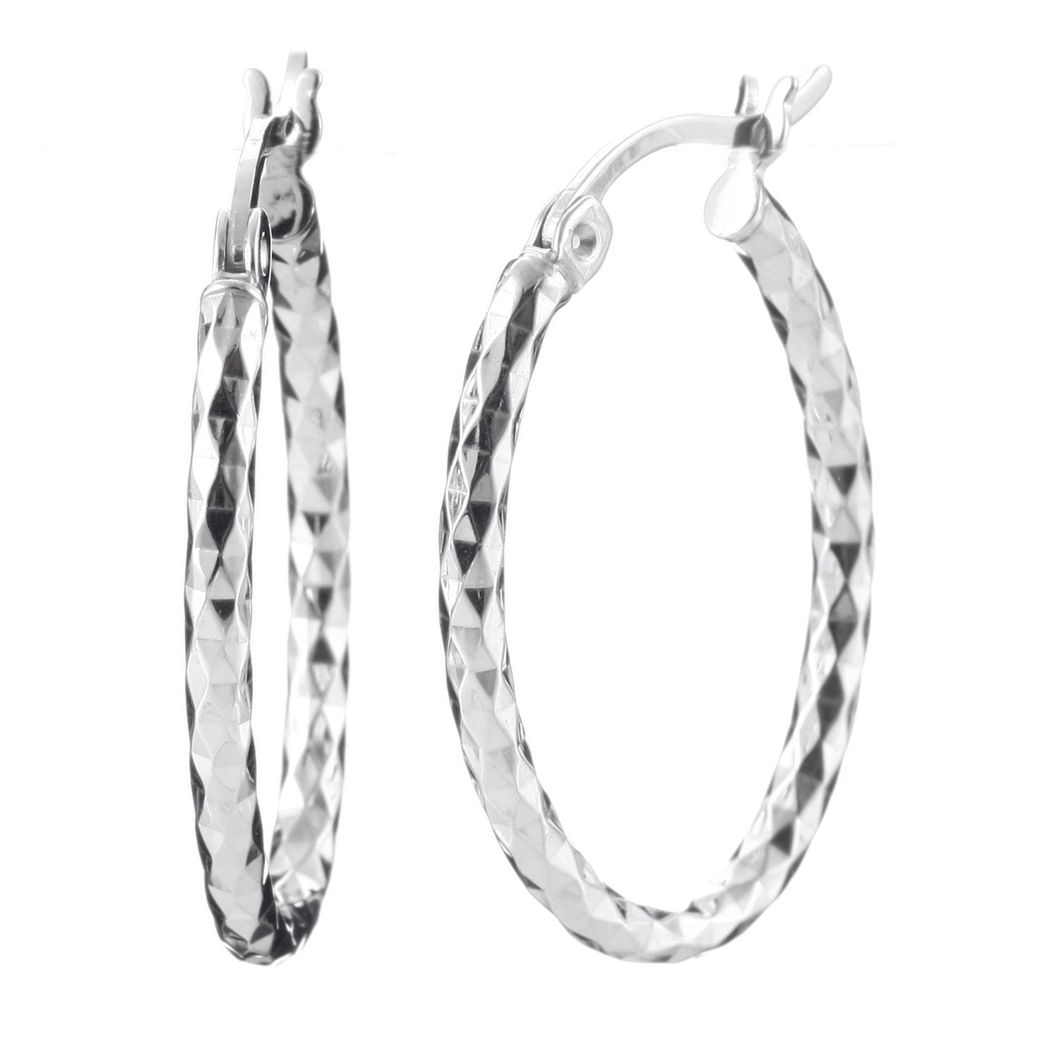 925 STERLING SILVER 25.0 MM. DIAMOND CUT TUBE OVAL SHAPE HOOP EARRINGS F43137