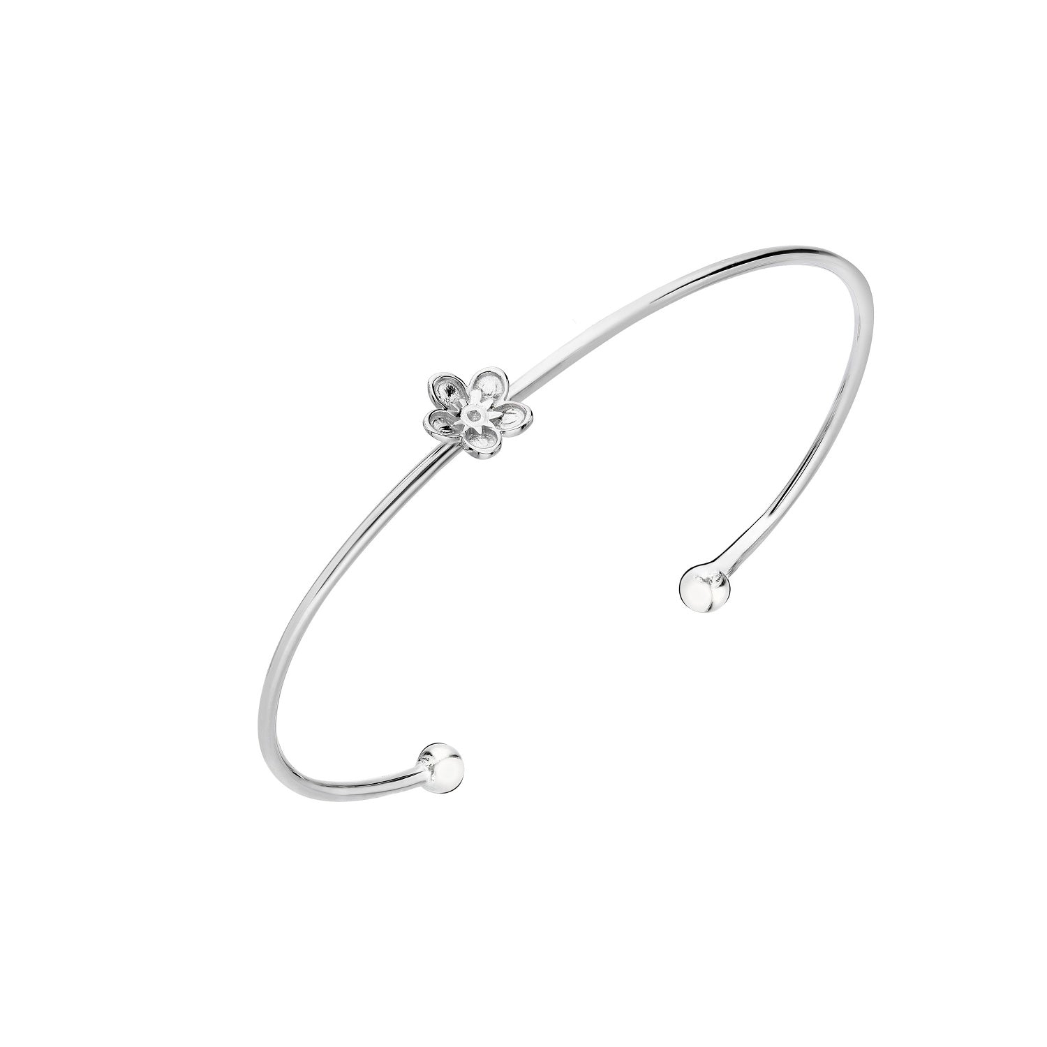 925 STERLING SILVER LITTLE FLOWER BALL END OPEN CUFF BANGLE F70554