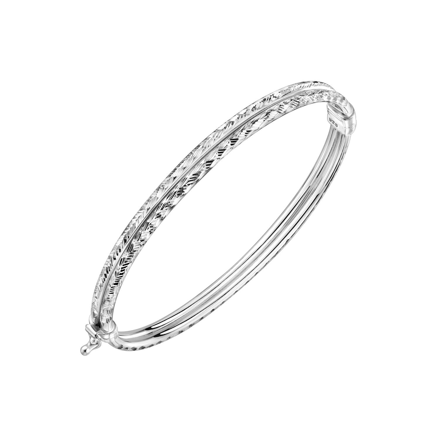 925 STERLING SILVER CLASSIC HALF DIAMOND CUT HALF PLAIN HINGED BANGLE F78676