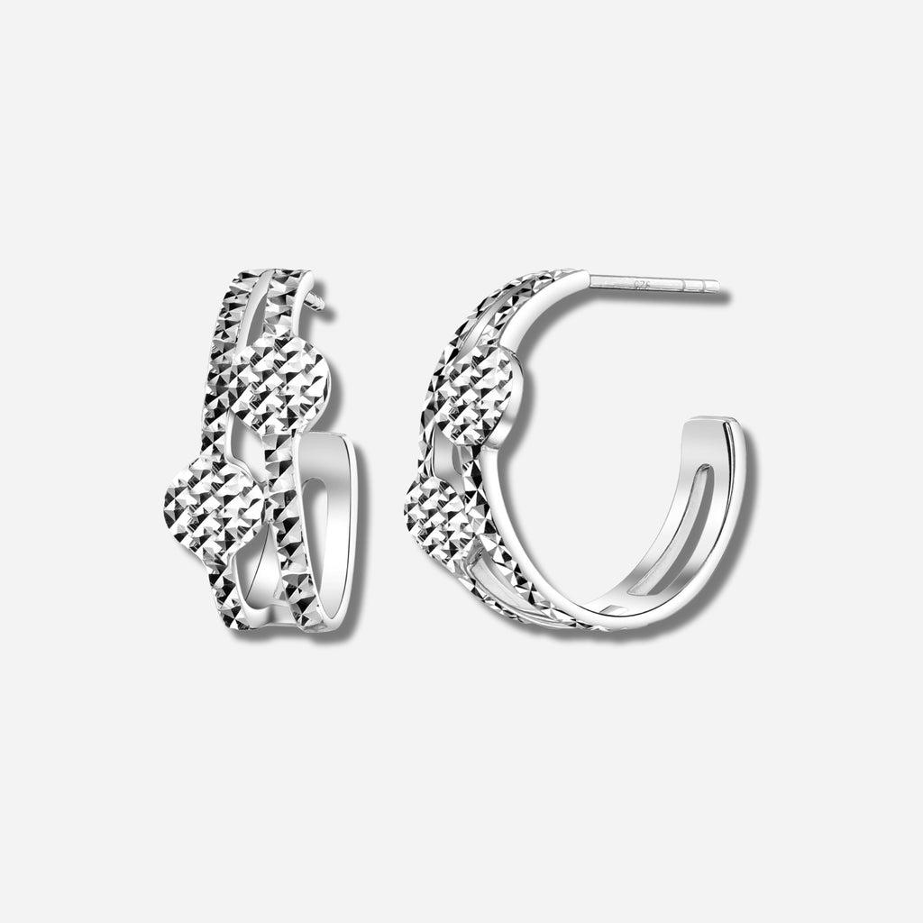 925 STERLING SILVER FANCY HOOP EARRINGS WITH DIAMOND CUT