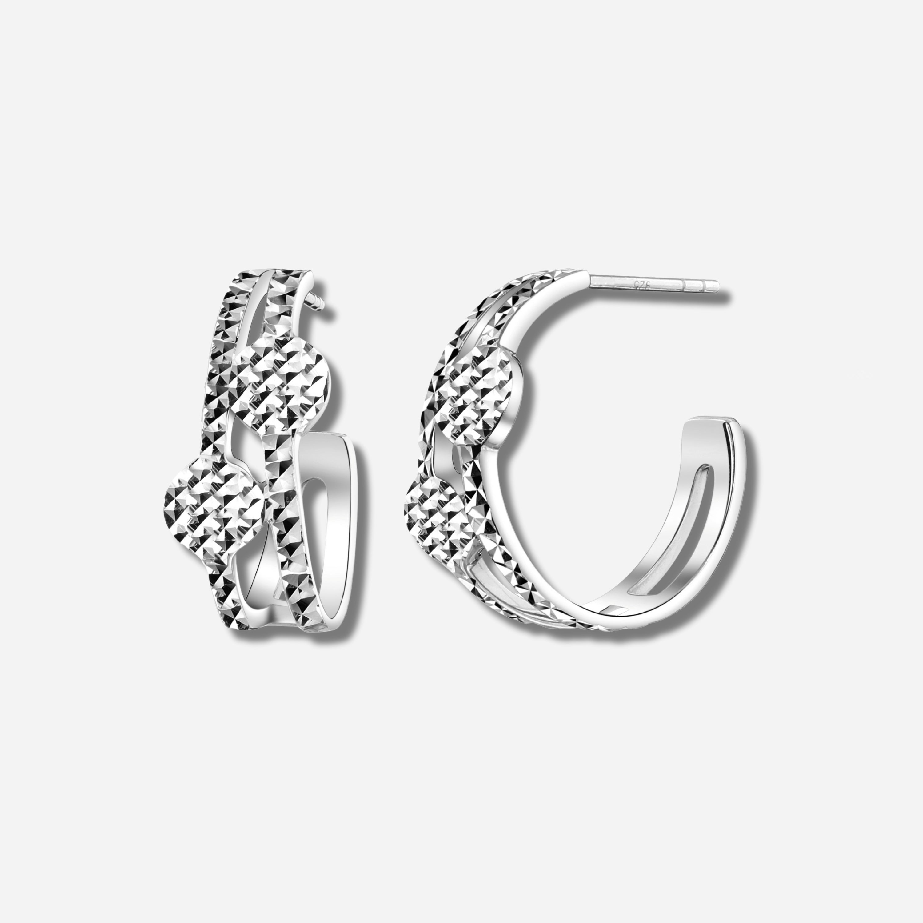 925 STERLING SILVER FANCY HOOP EARRINGS WITH DIAMOND CUT