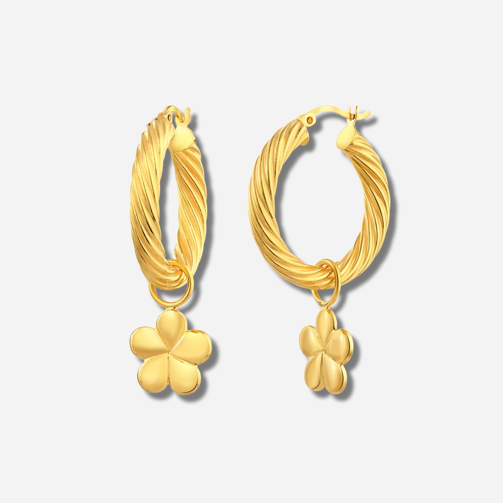 925 STERLING SILVER FANCY TUBE HOOP EARRINGS WITH FLOWER CHARMS