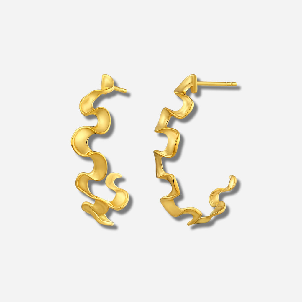 925 STERLING SILVER WITH 14K GOLD PLATED CURLY WAVY HOOP EARRINGS