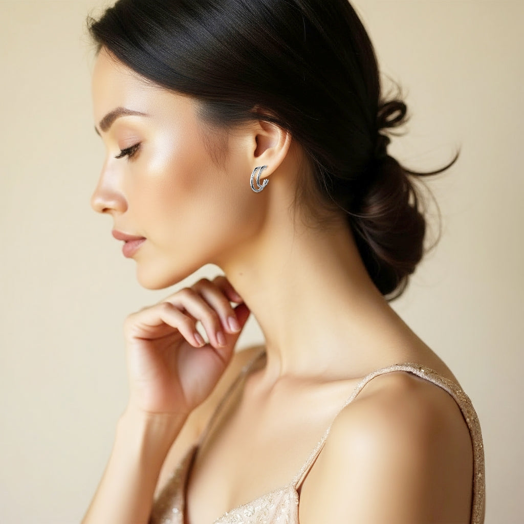 925 STERLING SILVER 20.0 MM. TWO LINE LAYERS TUBE EARRINGS WITH POST