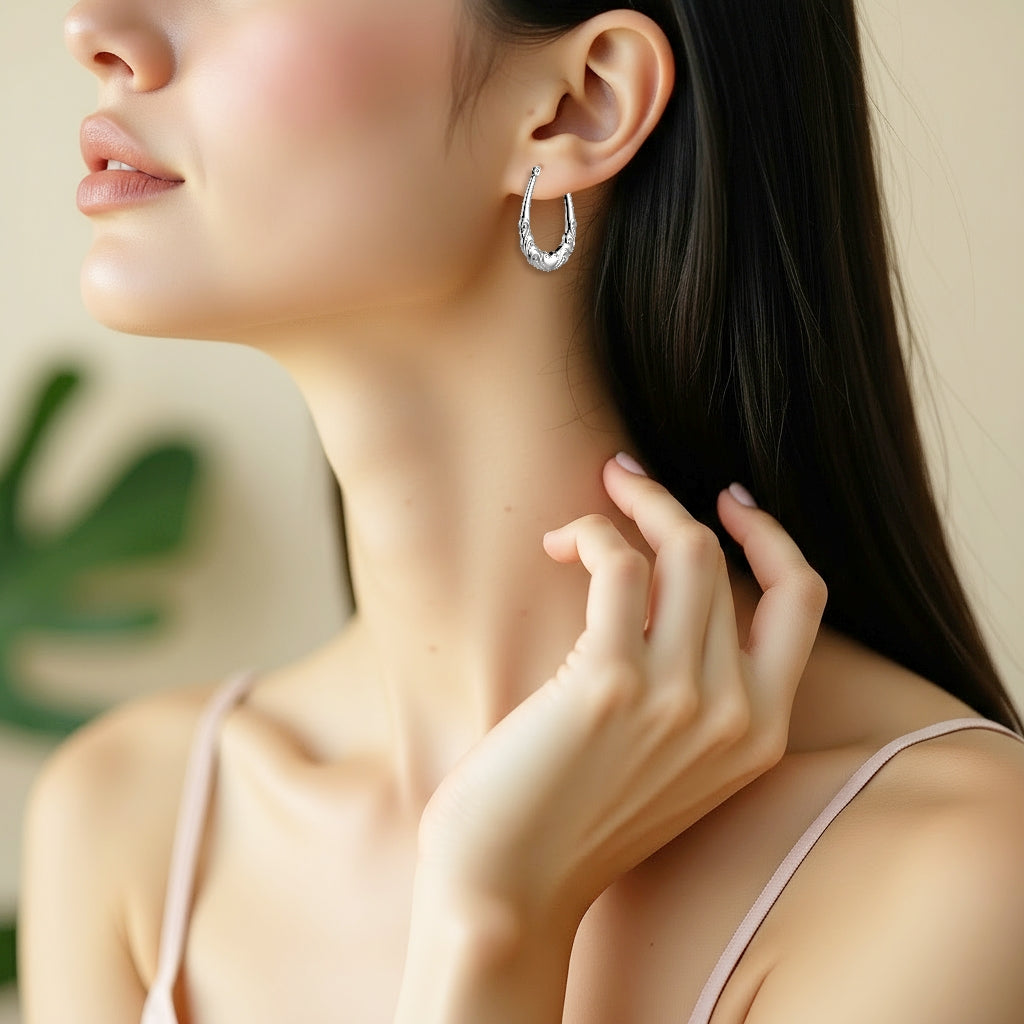 925 STERLING SILVER 30.0 MM. BACK TO BACK HEARTLY PATTERN CREOLE HOOP EARRINGS