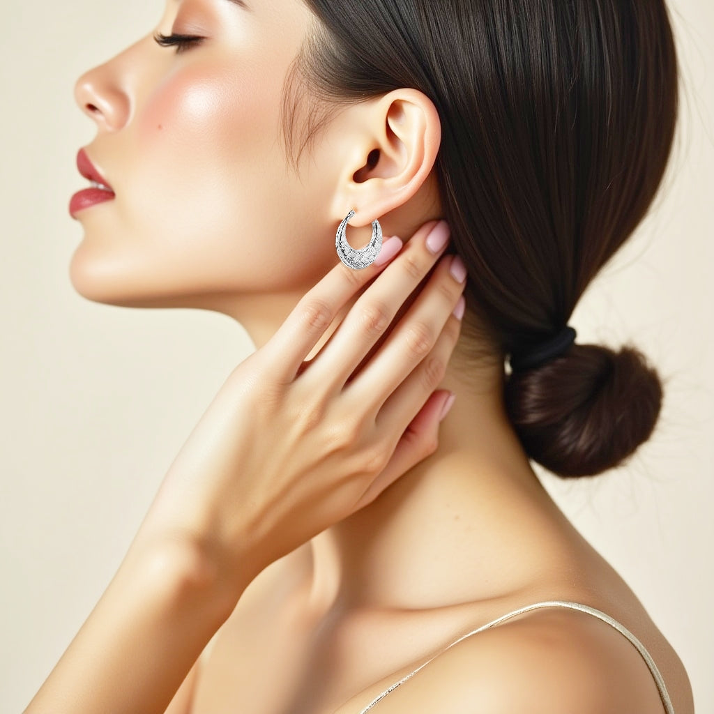 925 STERLING SILVER 25.0 MM. BACK TO BACK WEBBED PATTERN CREOLE HOOP EARRINGS