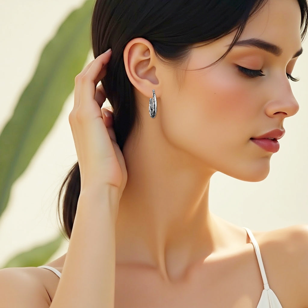 925 STERLING SILVER BACK TO BACK CURL PATTERN HOOP EARRINGS F17794