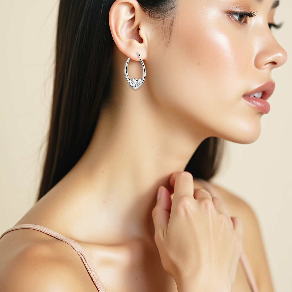 925 STERLING SILVER 30.0 MM. BACK TO BACK DOUBLE HEARTS ON HOOP CREOLE EARRINGS