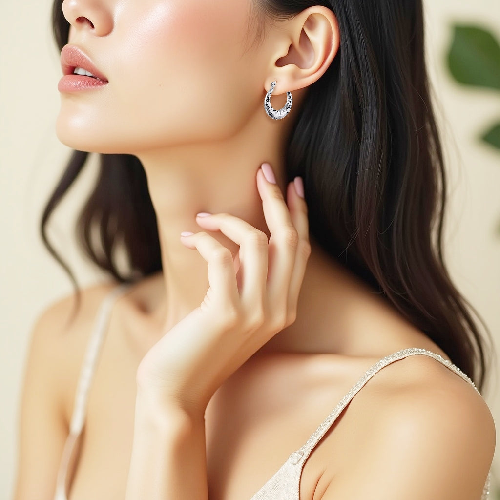 925 STERLING SILVER BACK TO BACK CLASSIC DIMAOND CUT HOOP EARRINGS F19094