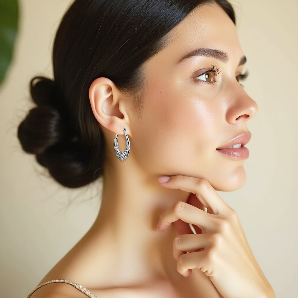 925 STERLING SILVER BACK TO BACK HALF GRADATION PATTERN HOOP EARRINGS F23134