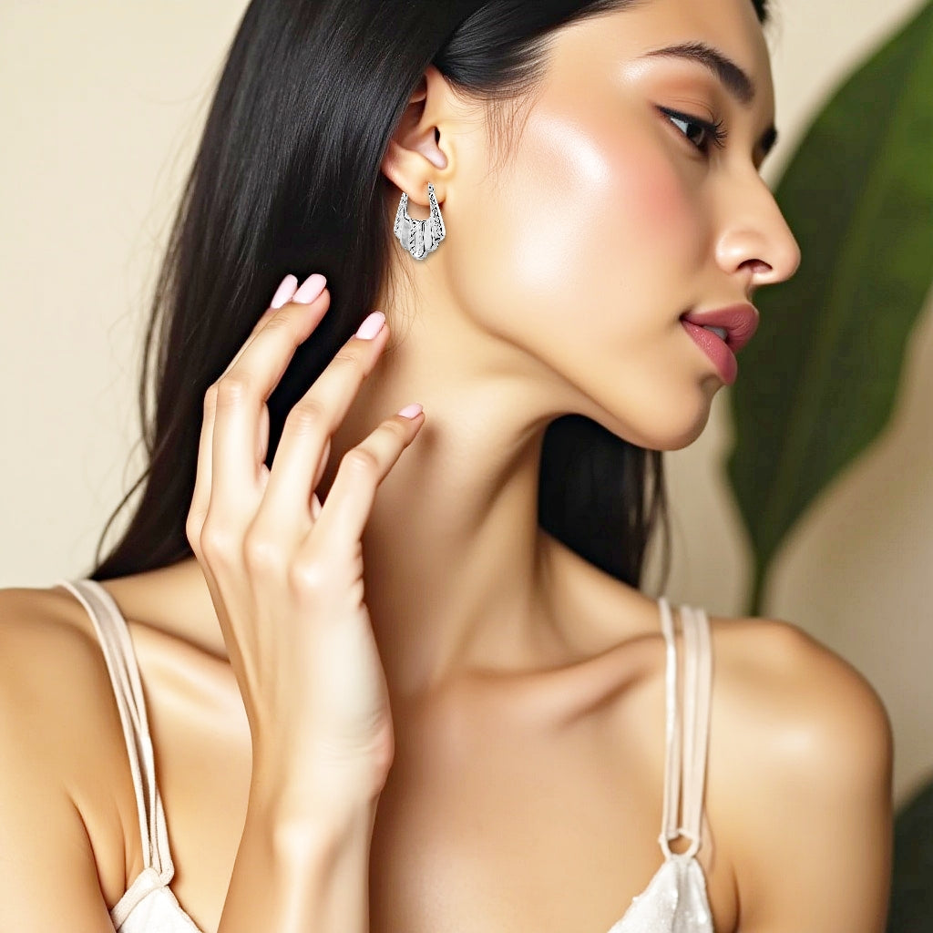 925 STERLING SILVER BACK TO BACK BAGGIE SHAPE DIAMOND CUT HOOP EARRINGS