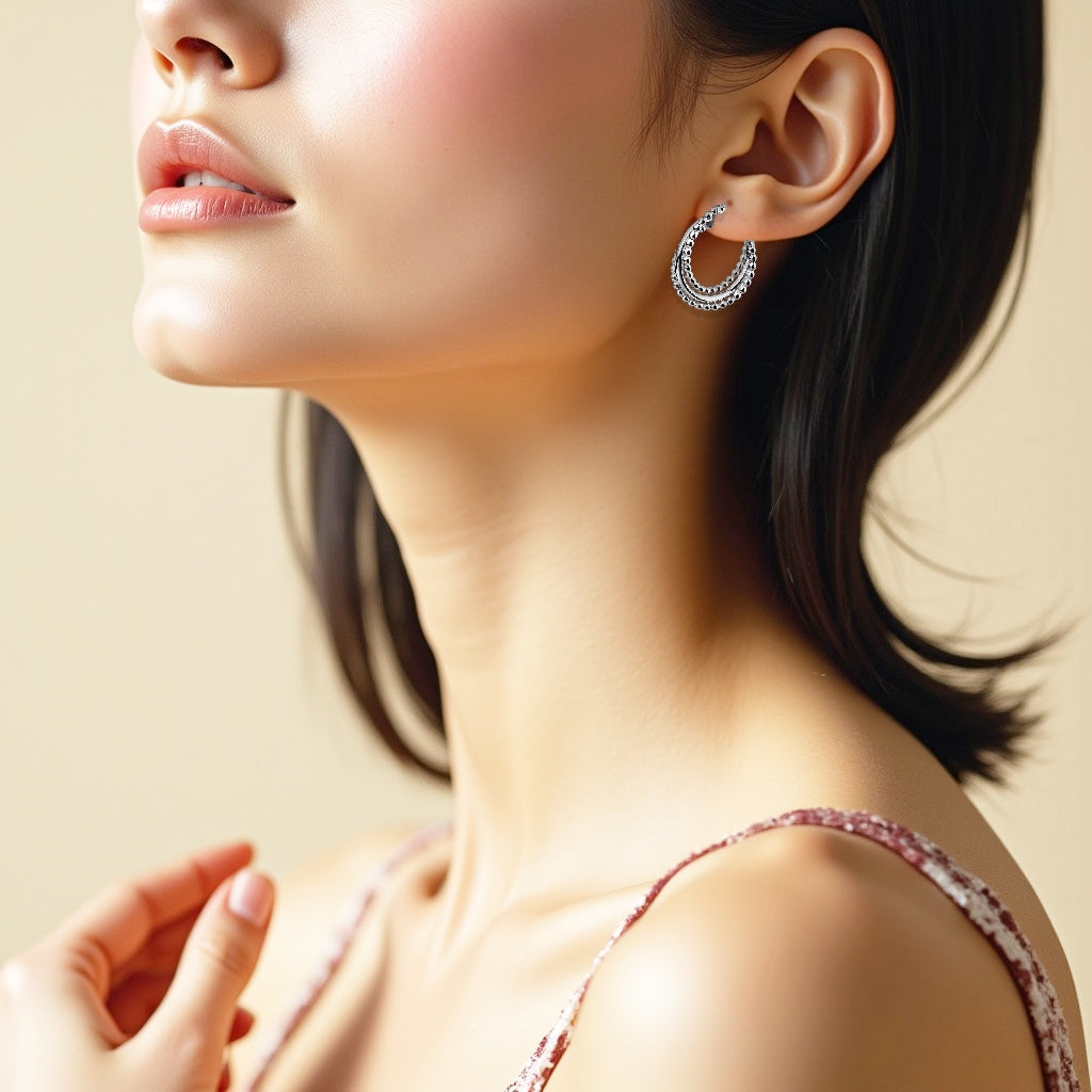 925 STERLING SILVER 25.0 MM. CAVIAR AND PLAIN TUBE HOOP EARRINGS