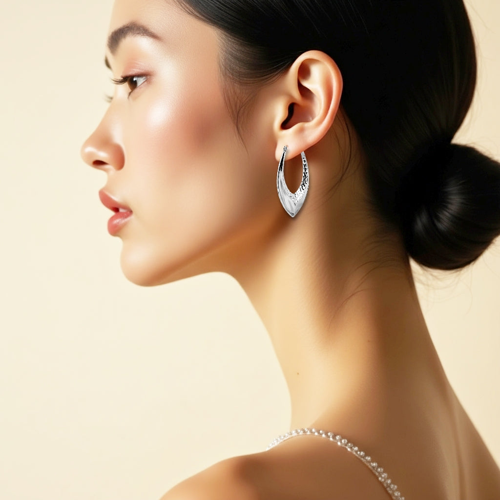 925 STERLING SILVER BACK TO BACK OPEN DROP SHAPE DIAMOND CUT HOOP EARRINGS