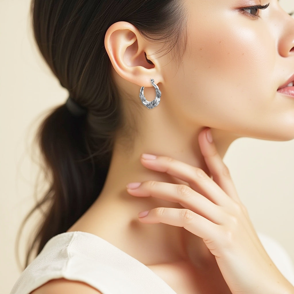 925 STERLING SILVER 20.0 MM. BACK TO BACK WAVES PATTERN CREOLE HOOP EARRINGS F28607