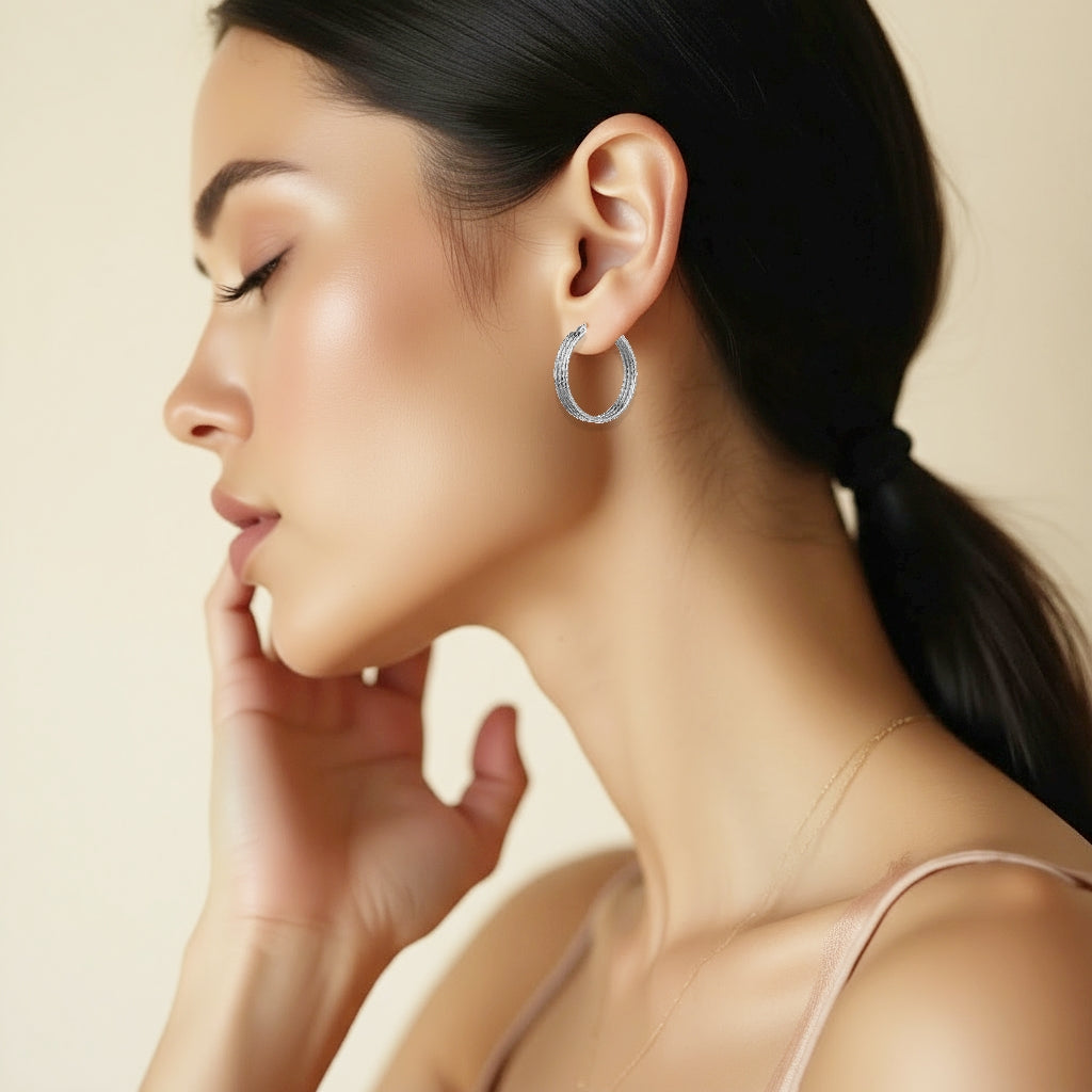 925 STERLING SILVER 30.0 MM. TRIPLE ROPES TUBE HOOP EARRINGS