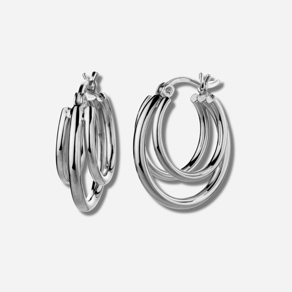 925 STERLING SILVER 20.0 MM. TRIPLE LINES IN LAYER TUBE HOOP EARRINGS