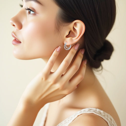 925 STERLING SILVER 15.0 MM. TWO LINES IN LAYER HOOP EARRINGS