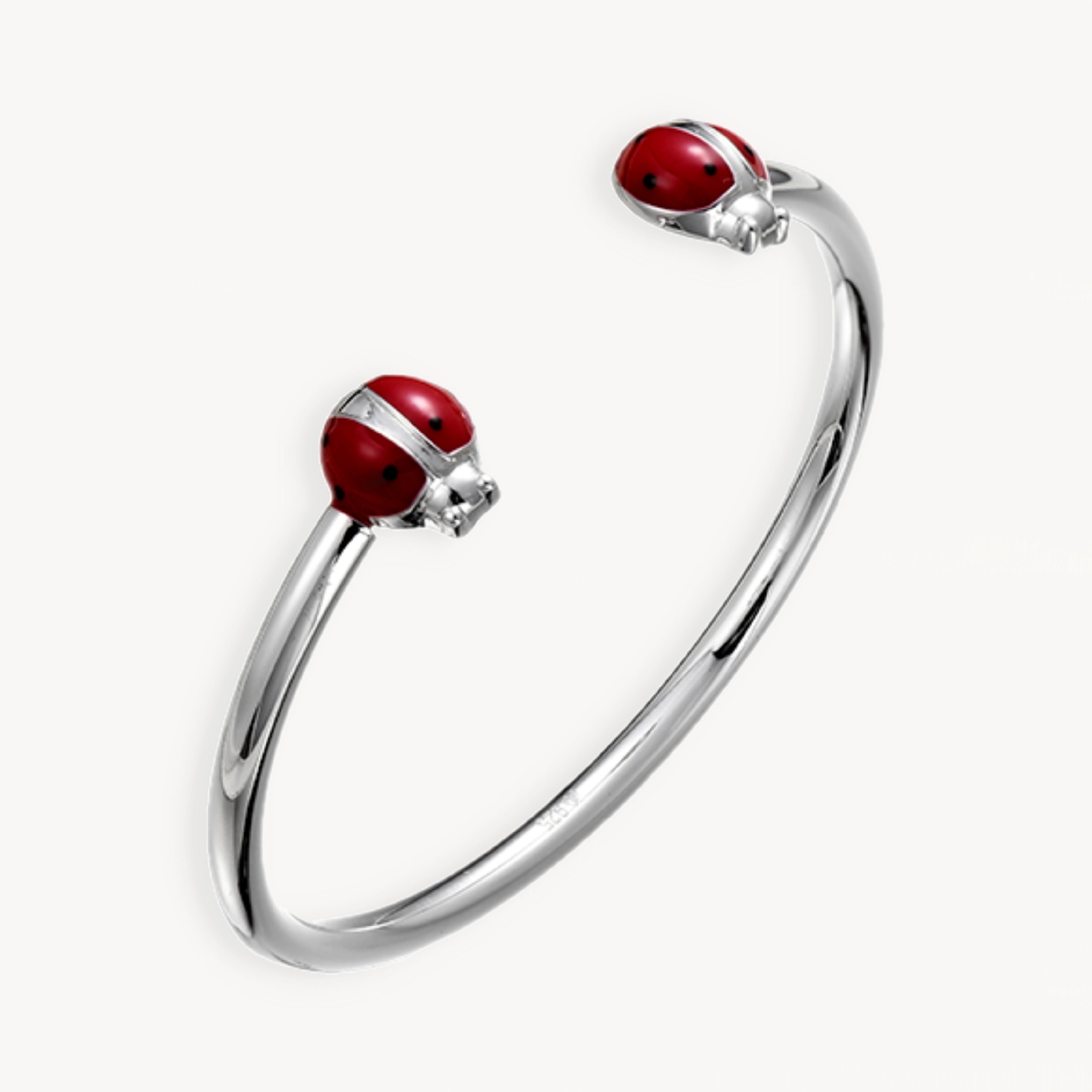 925 STERLING SILVER DOUBLE LADY BUGS END OPEN CUFF BANGLE