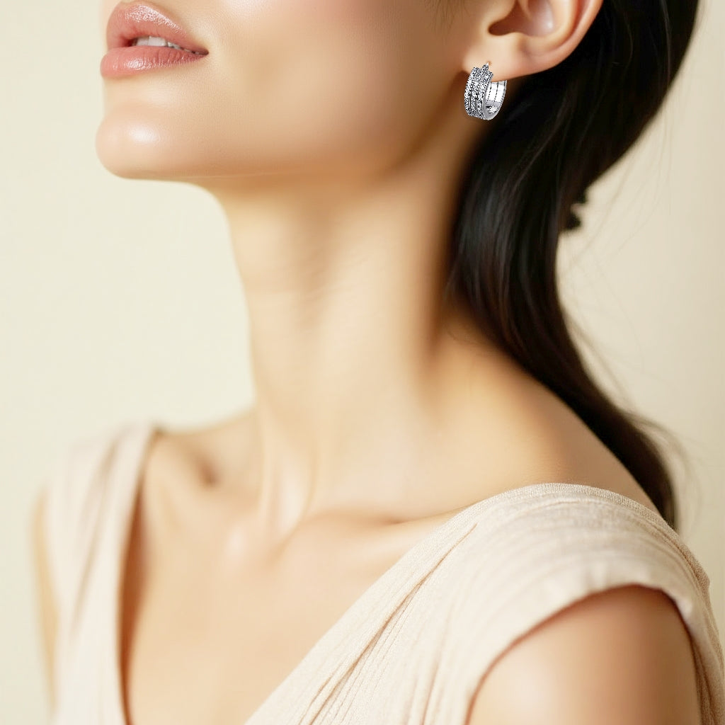 925 STERLING SILVER 15.0 MM. TRIPLE LINES TUBE WITH GLITTER HOOP EARRINGS F56972