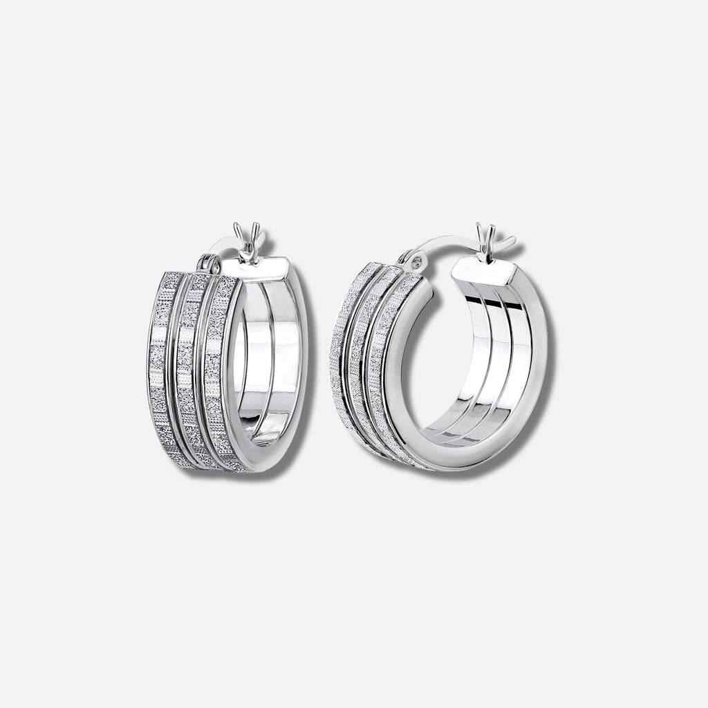 925 STERLING SILVER 15.0 MM. TRIPLE LINES TUBE WITH GLITTER HOOP EARRINGS