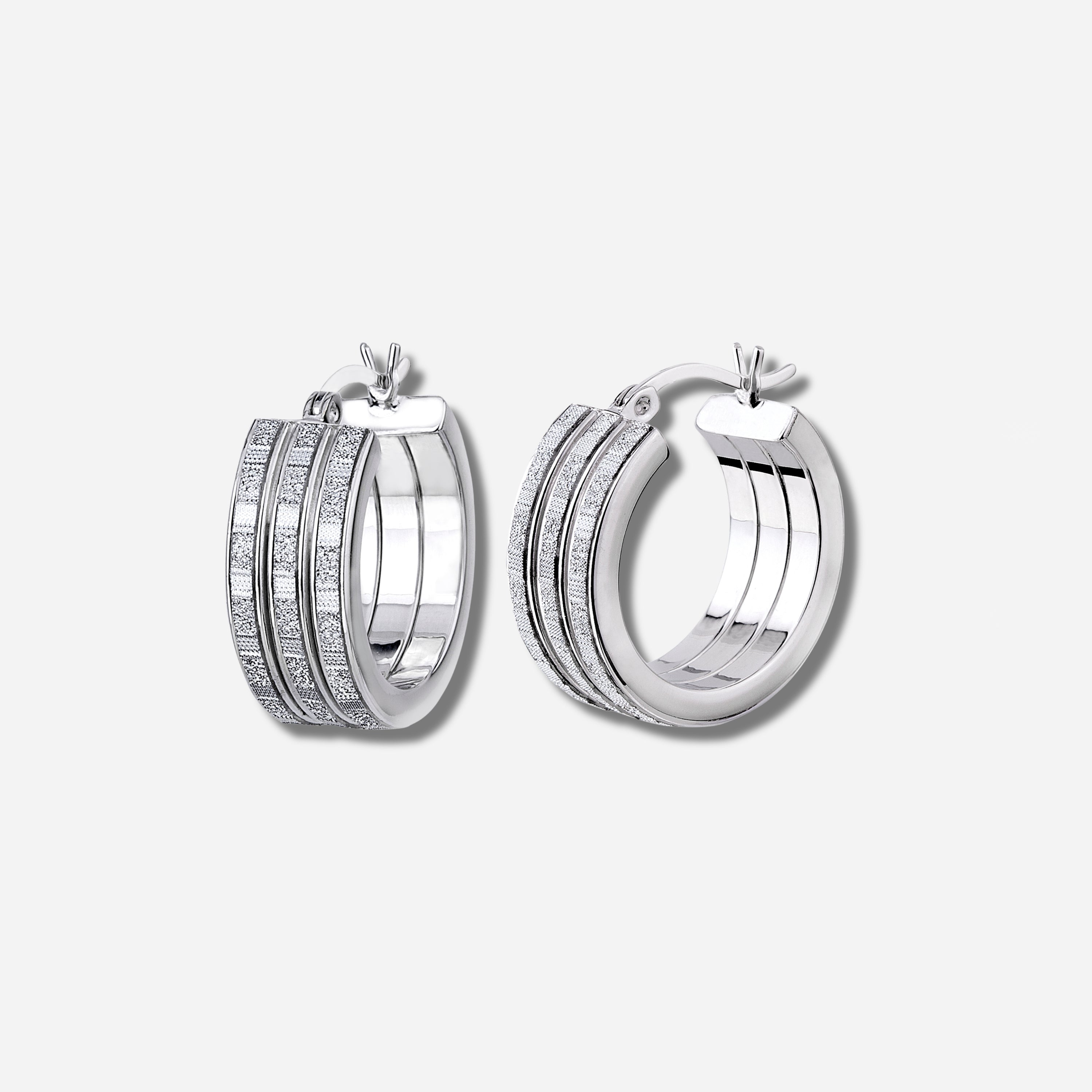 925 STERLING SILVER 15.0 MM. TRIPLE LINES TUBE WITH GLITTER HOOP EARRINGS