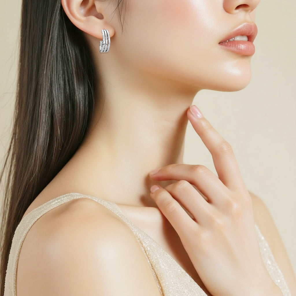 925 STERLING SILVER 20.0 MM. TRIPLE LINES HOOK SHAPE EARRINGS WITH POST F57917