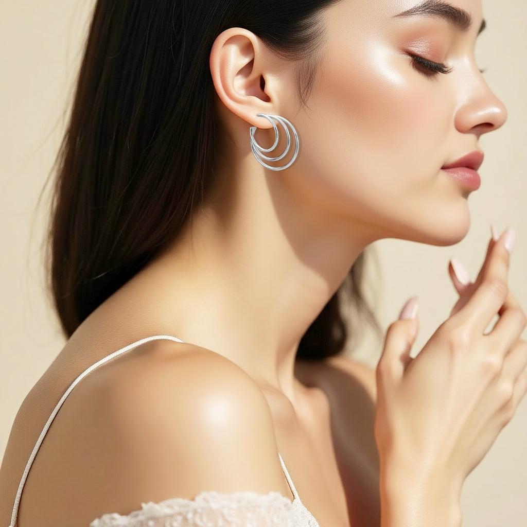 925 STERLING SILVER 30.0 MM. BIG TRIPLE LAYER TUBES EARRING WITH POST F61139