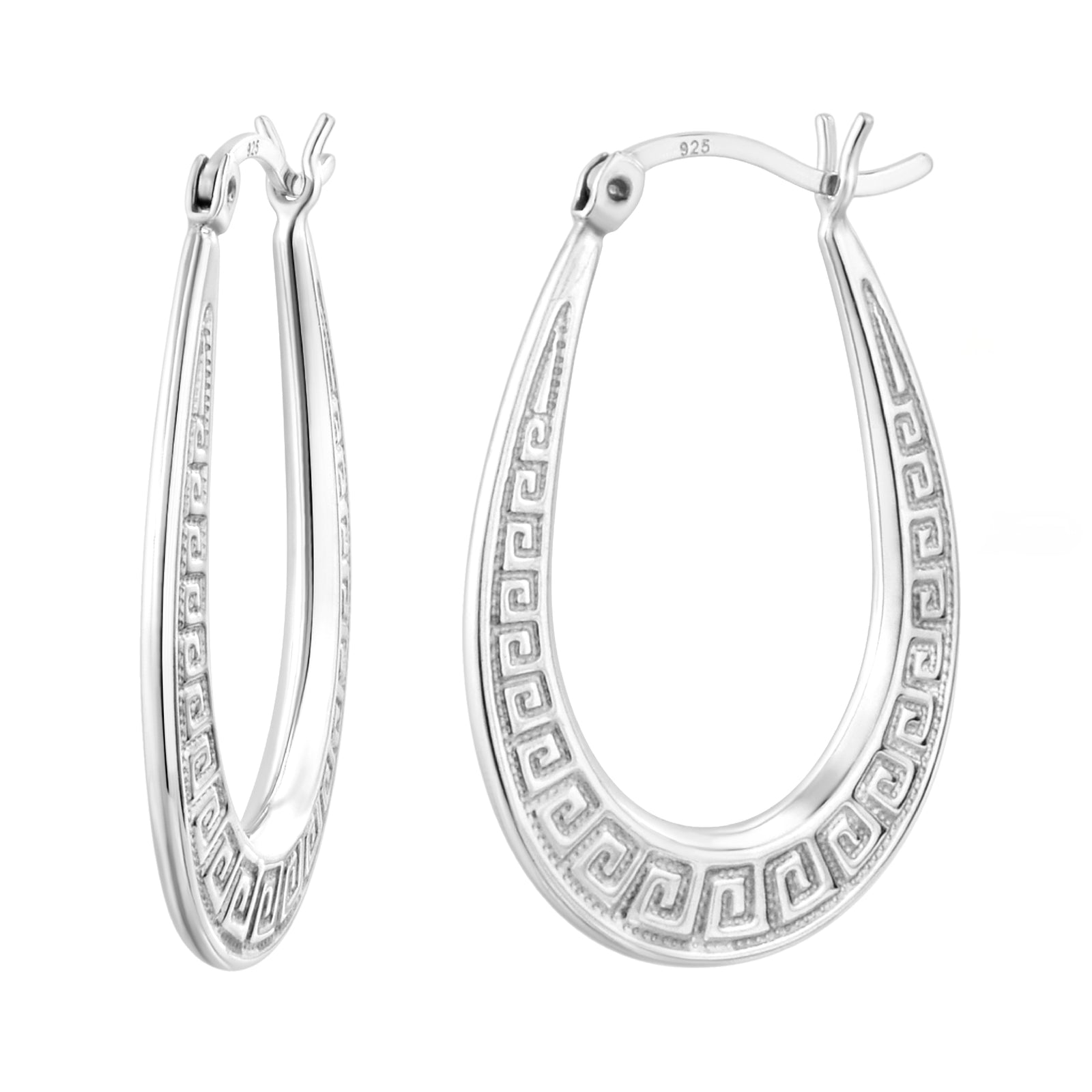925 STERLING SILVER BACK TO BACK GREEKEY PATTERN OVAL HOOP EARRINGS