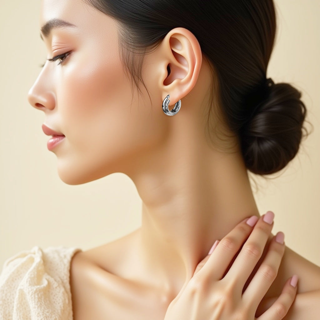 925 STERLING SILVER 15.0 MM. TRIPLE LINES TUBE ROUND HOOP EARRINGS F8738