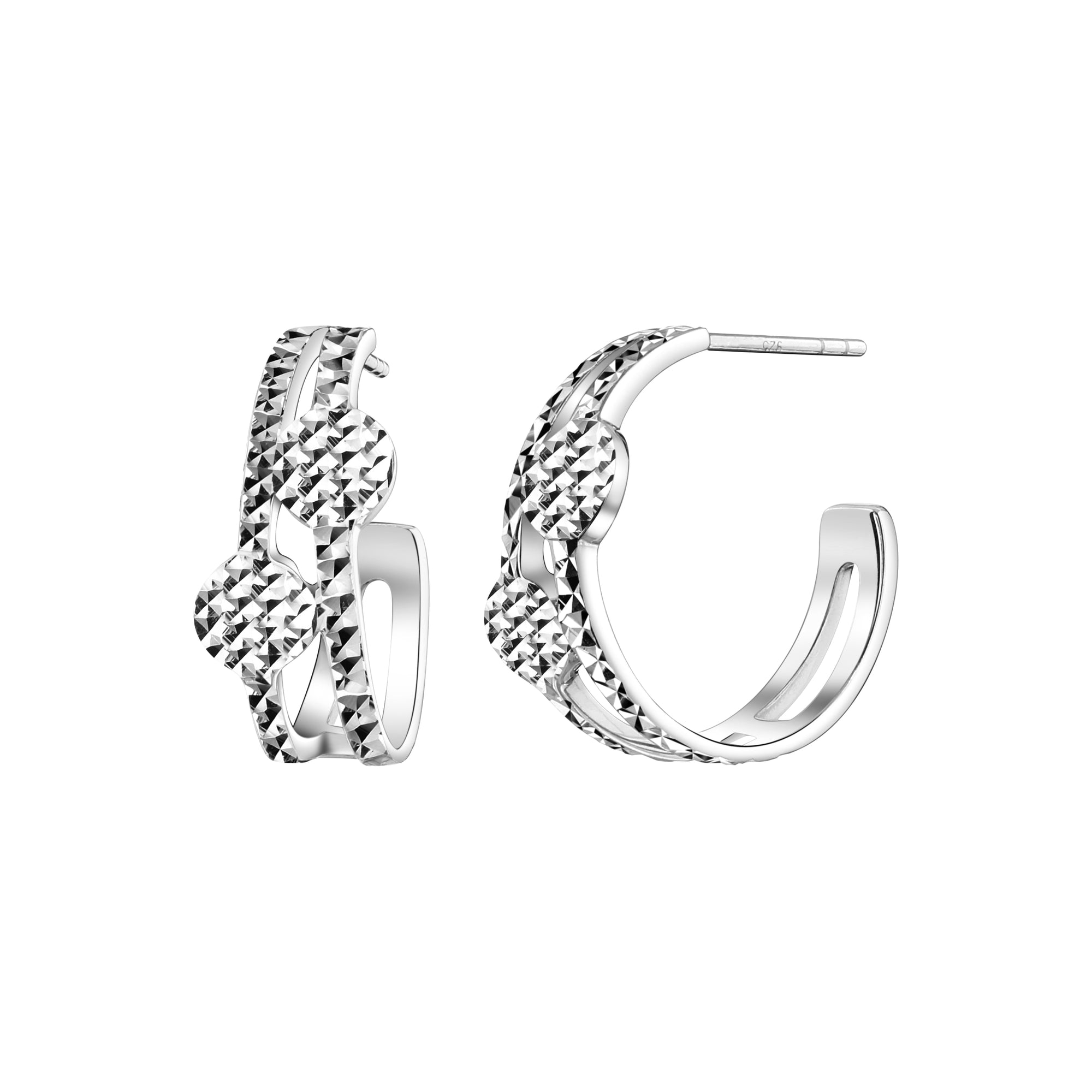 925 STERLING SILVER FANCY HOOP EARRINGS WITH DIAMOND CUT