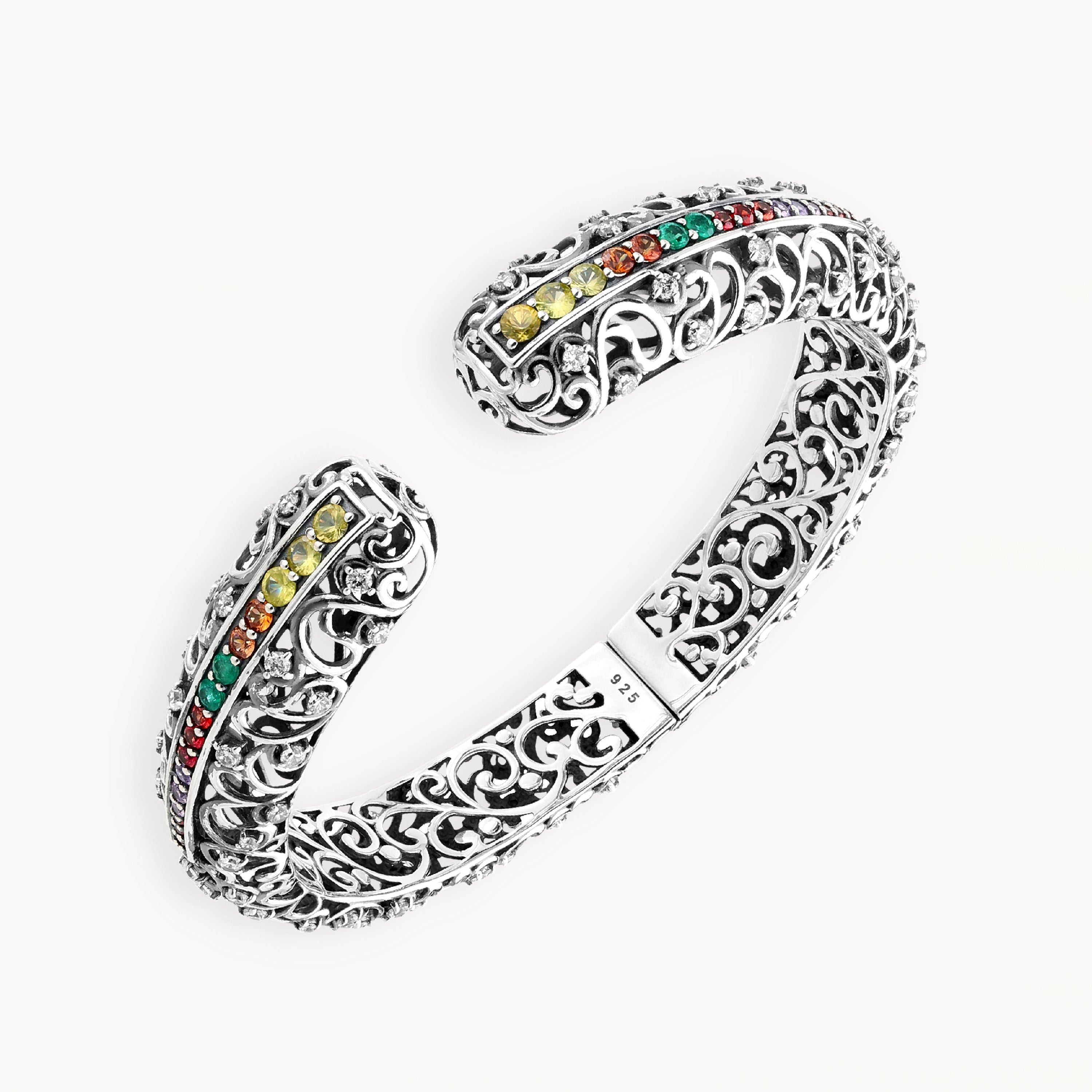 925 STERLING SILVER BALI HINGE CUFF WITH MULTI-COLOUR SAPPHIRE