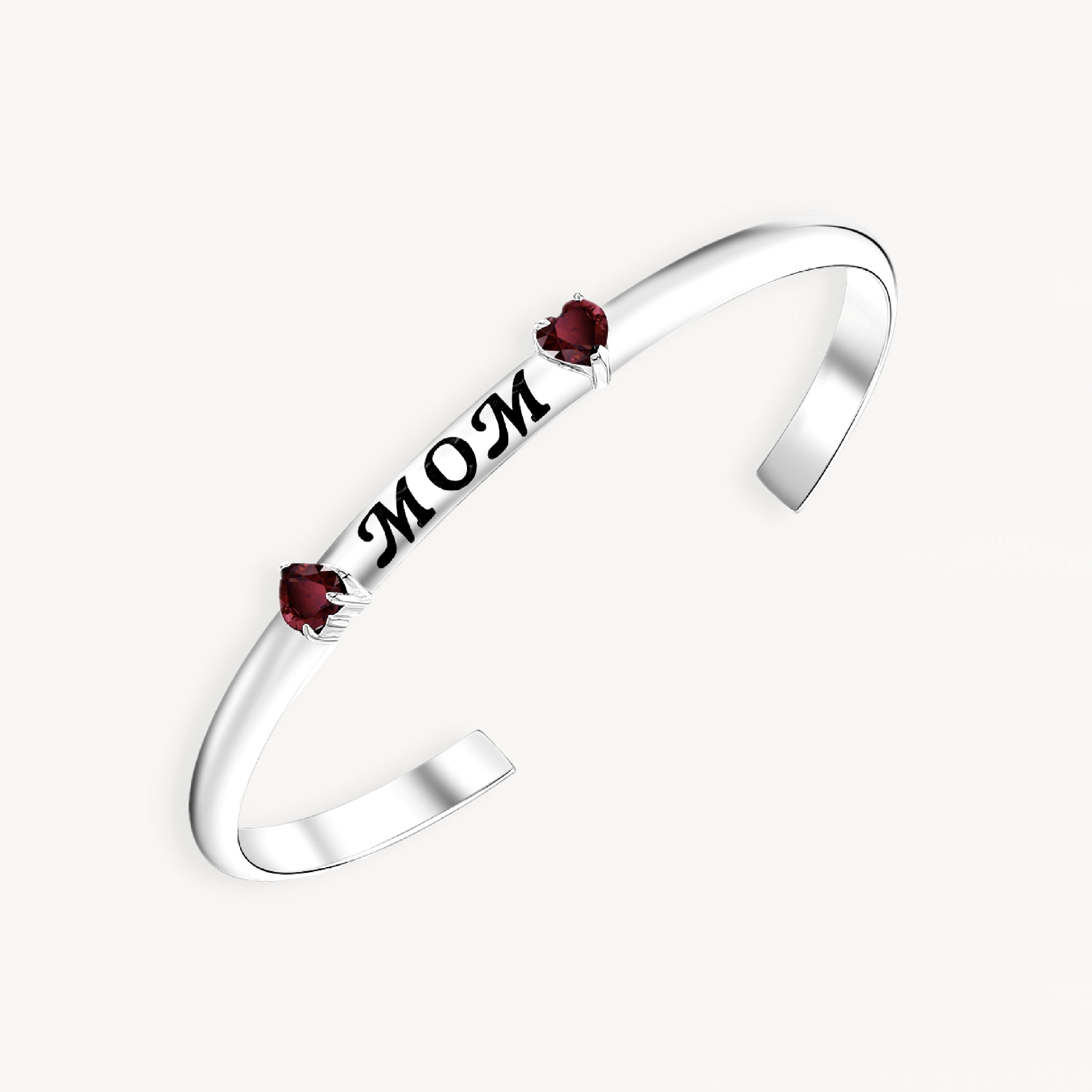 925 STERLING SILVER CUFF BANGLE WITH GARNET HEART