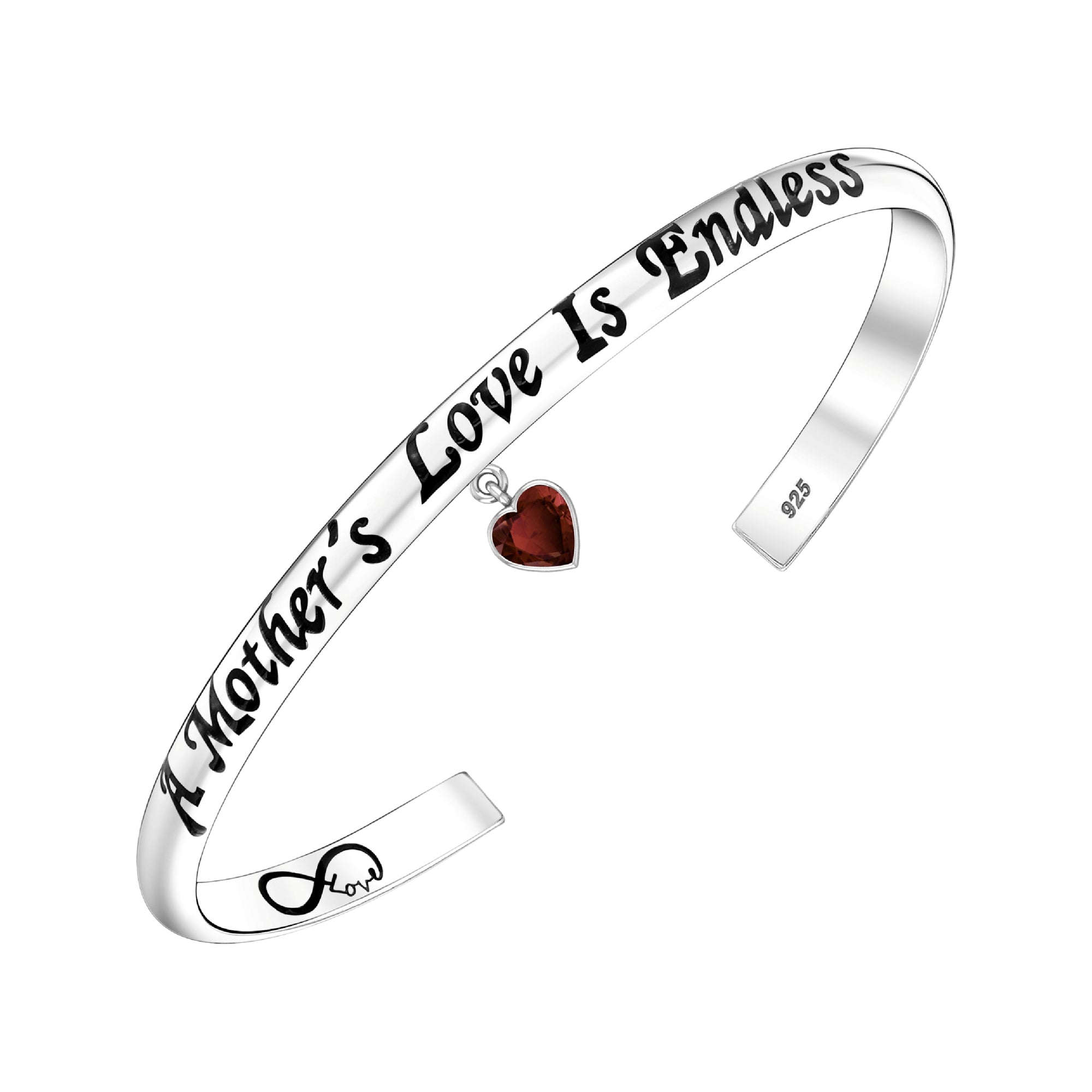 925 STERLING SILVER CUFF BANGLE WITH GARNET HEART