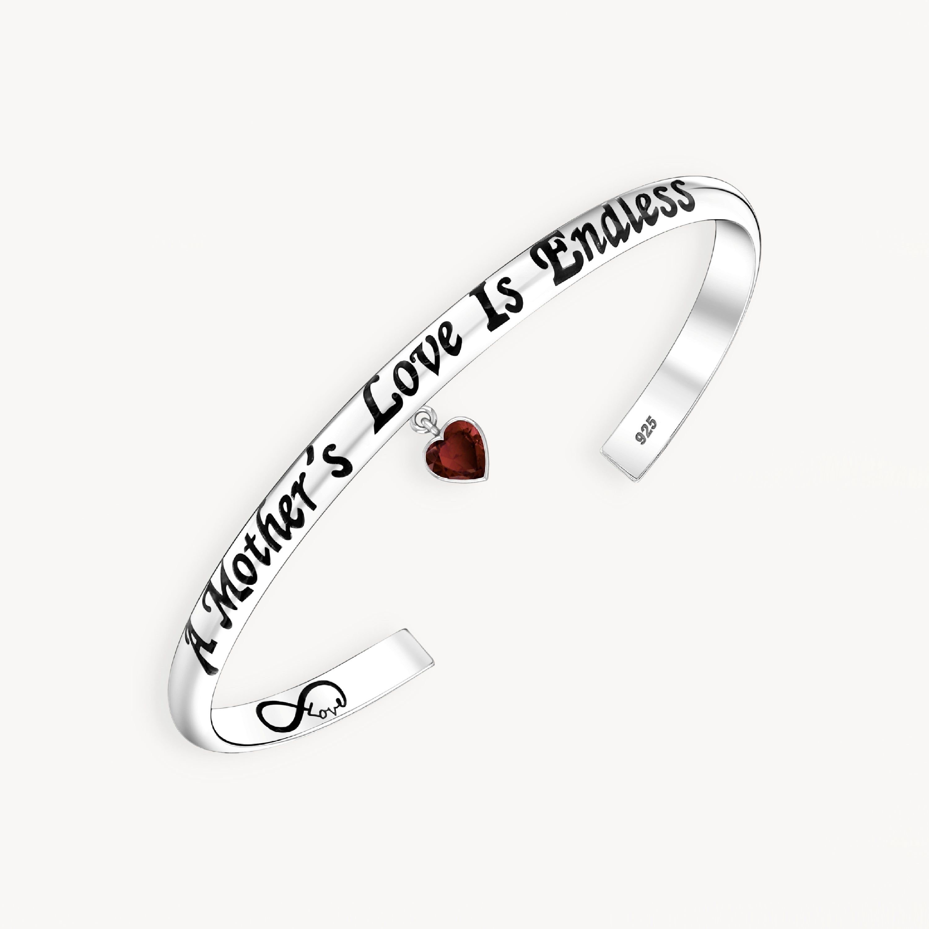 925 STERLING SILVER CUFF BANGLE WITH GARNET HEART